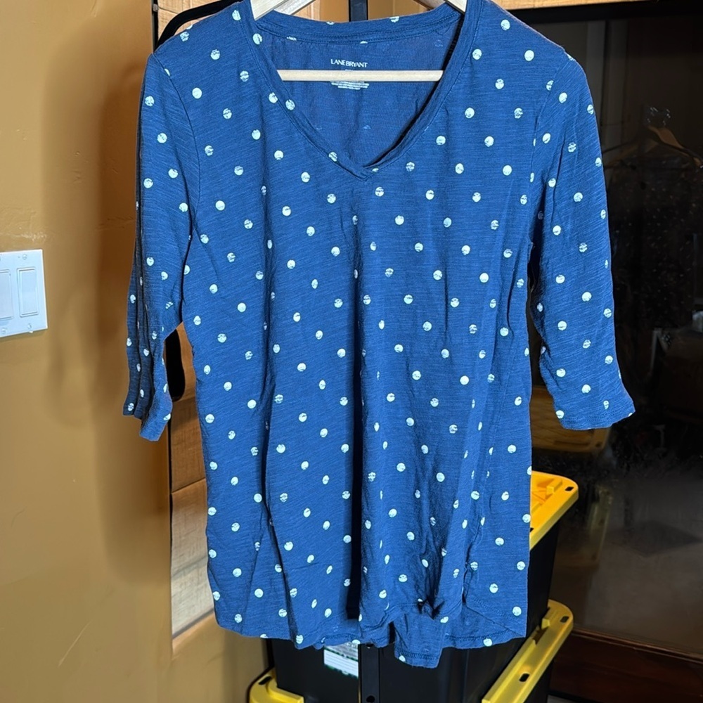 Lane Bryant Navy Blue White Polka Dot Top 1X 14/16 Elbow Sleeve Cotton Modal - Picture 2 of 7